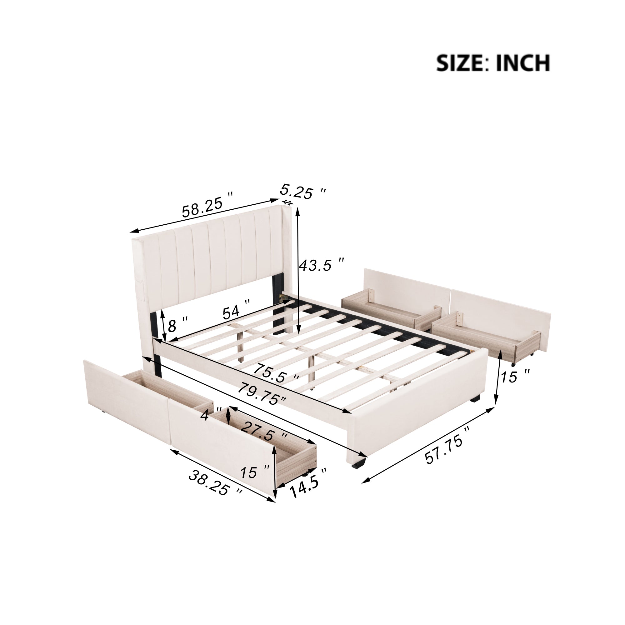 Full Size Upholstered Bed with 4 Drawers, Beige - Atlantic Fine Furniture Melbourne FL