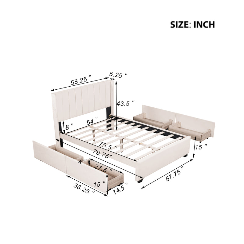 Full Size Upholstered Bed with 4 Drawers, Beige