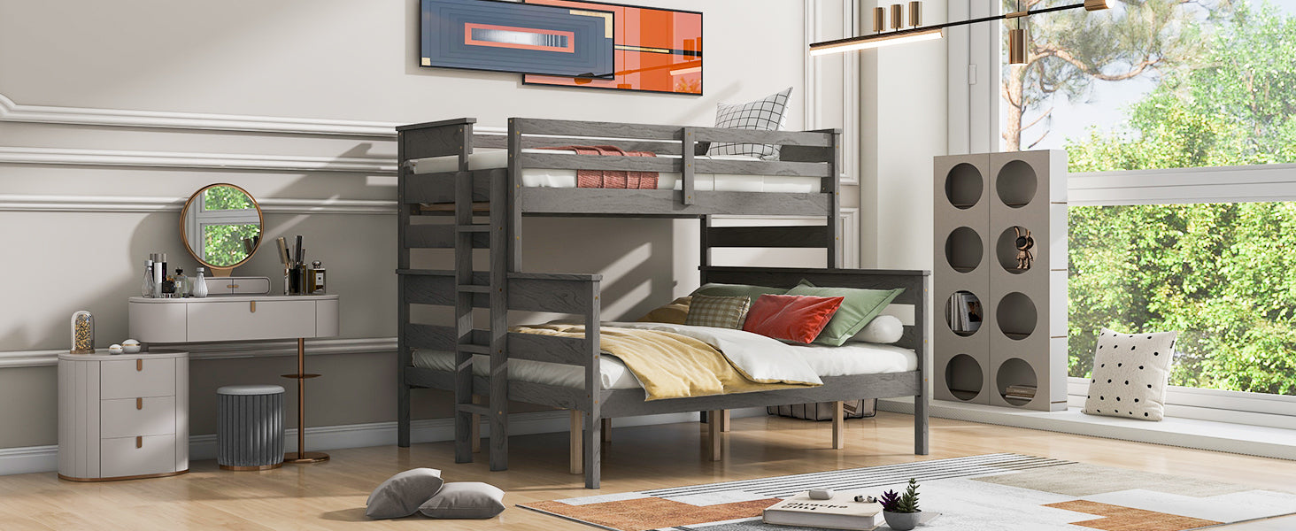 Wood Twin XL over Queen Bunk Bed with Ladder, Gray - Atlantic Fine Furniture Melbourne FL