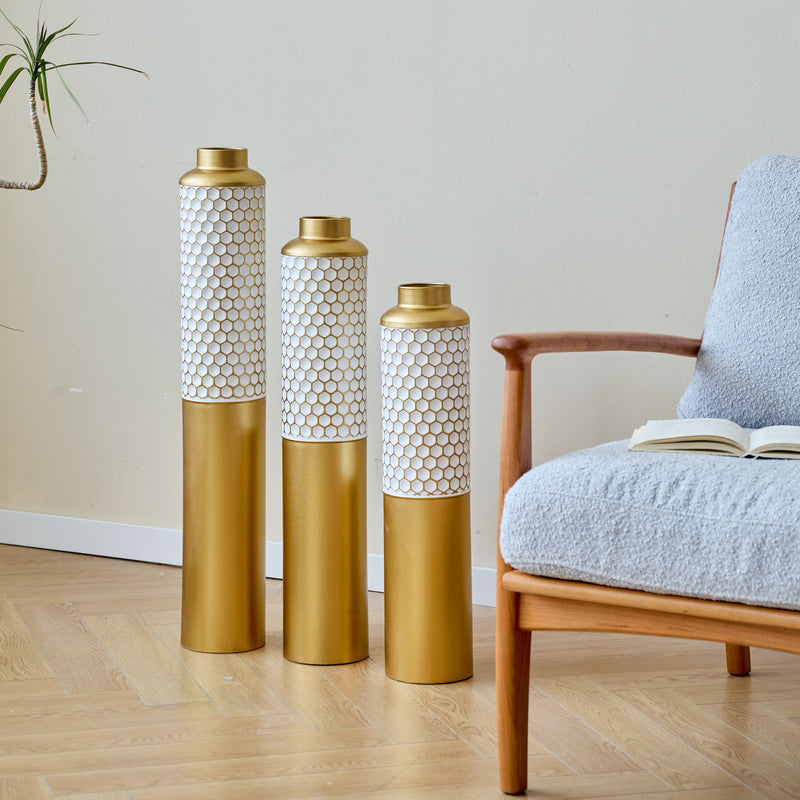Modern Droplet Shaped Floor Vase Set Honeycomb Design, 3 Piece Metal Decorative Vases For Home Interior Display - Gold / White