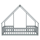 Wood House-Shaped Floor Bed With Fence, Guardrails