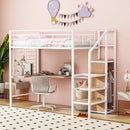 Twin Size Metal Loft Bed with Desk and Metal Grid, Stylish Metal Frame Bed with Lateral Storage Ladder and Wardrobe, White