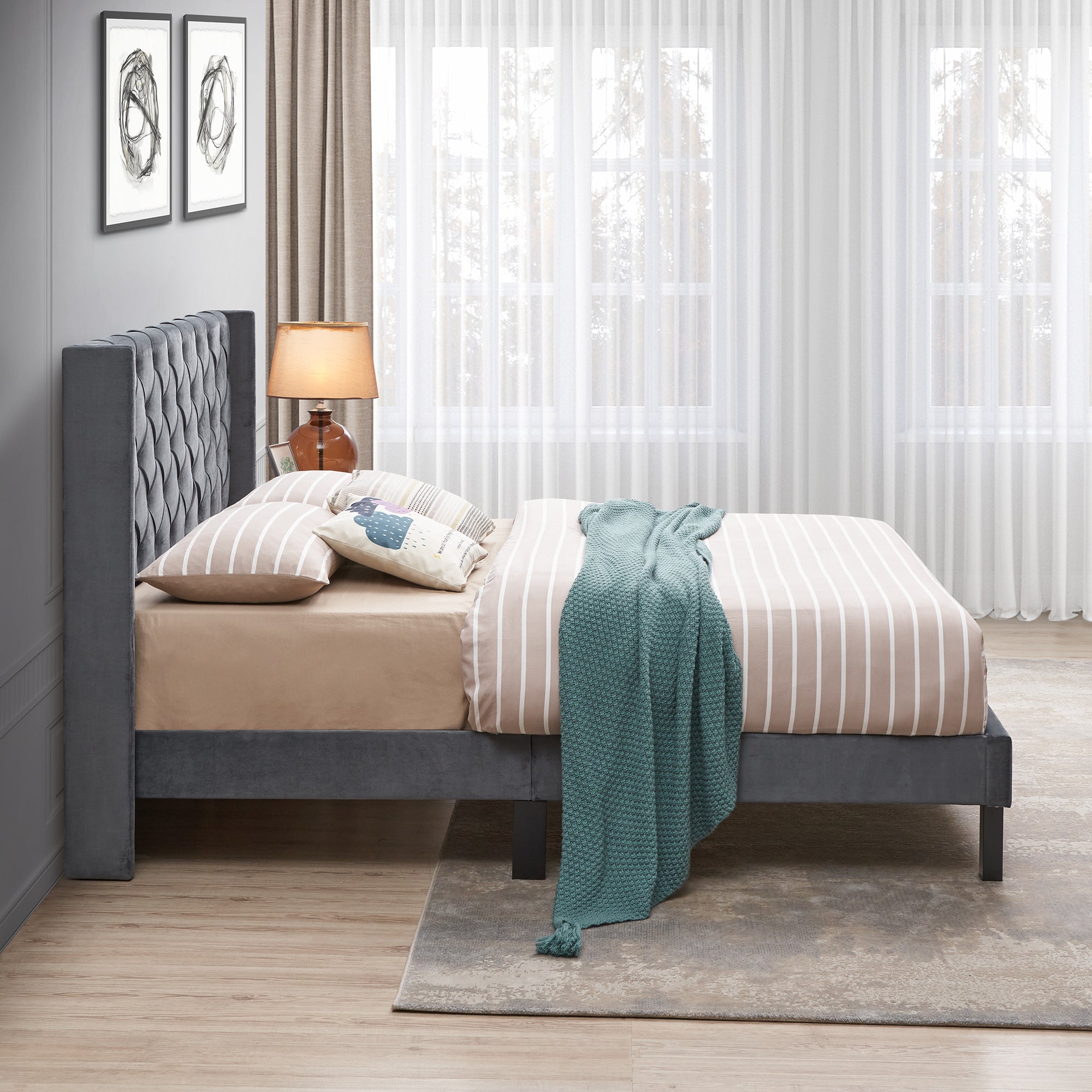 Velvet Button Tufted-Upholstered Bed with Wings Design - Strong Wood Slat Support - Easy Assembly - Gray, Queen, platform bed - Atlantic Fine Furniture Melbourne FL