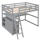 Full Size Loft Bed with Desk and Shelves,Two Built-in Drawers,Gray