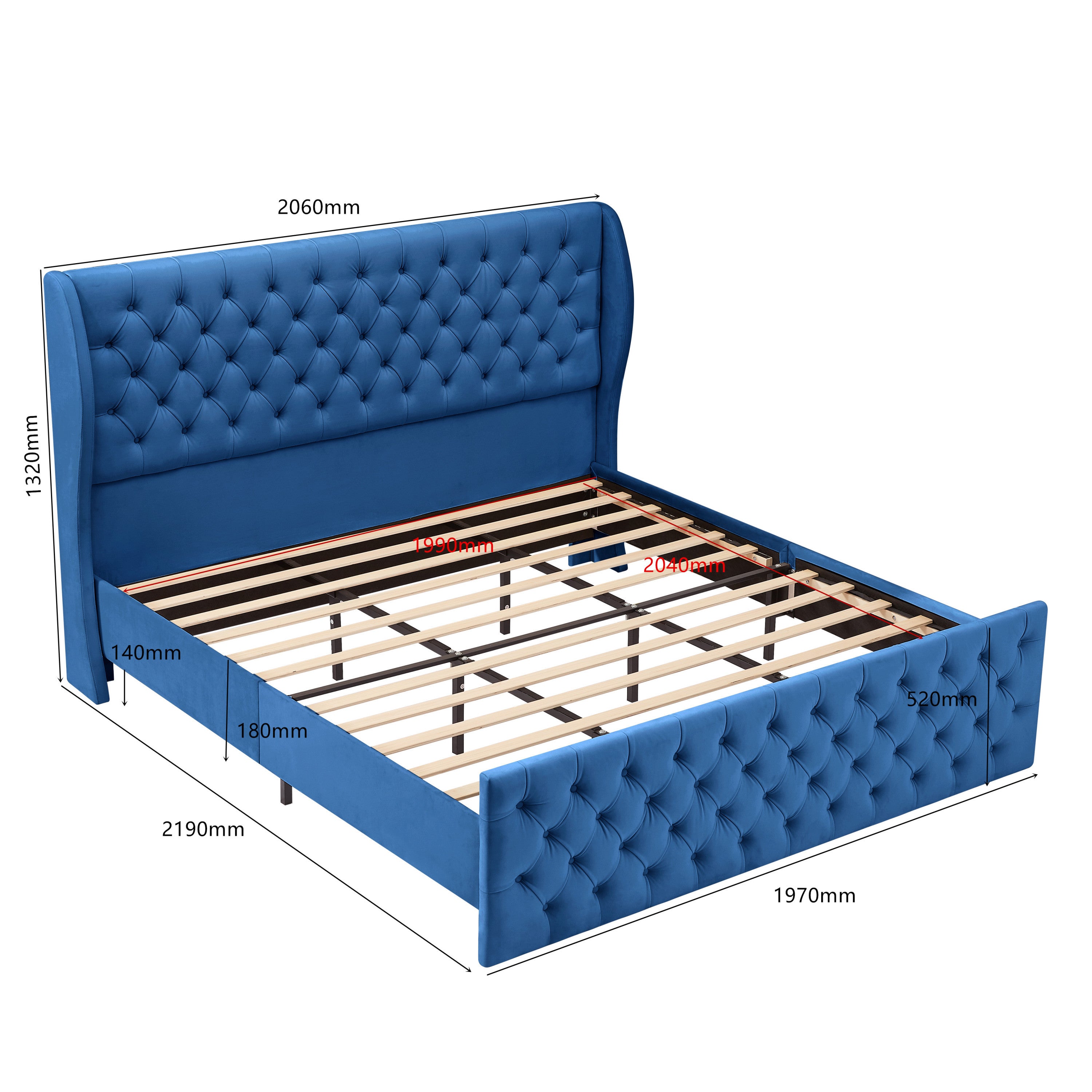 King Size Platform Bed Frame, Velvet Upholstered Sleigh Bed with Scroll Wingback Headboard & Footboard/Button Tufted/No Box Spring Required/Easy Assembly/Blue