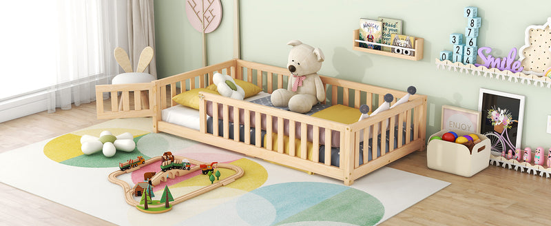 Twin Size Bed Floor Bed with Safety Guardrails and Door for Kids, Natural