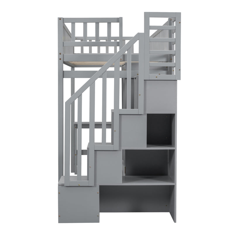 Twin size Loft Bed with Bookshelf,Drawers,Desk,and Wardrobe-Gray