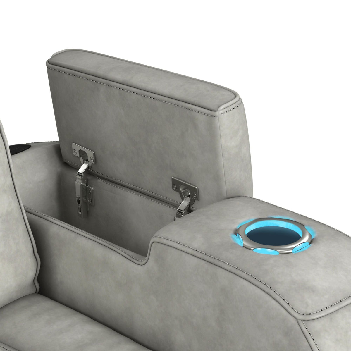 Prime Time P3 Sofa With Ddt, 3.0 Table, 7 Colors (Led And Cup Holders), Reading Light, Vibration, Speaker, And Heat Massage in Leather Gel Light Gray by Elements International, view 11