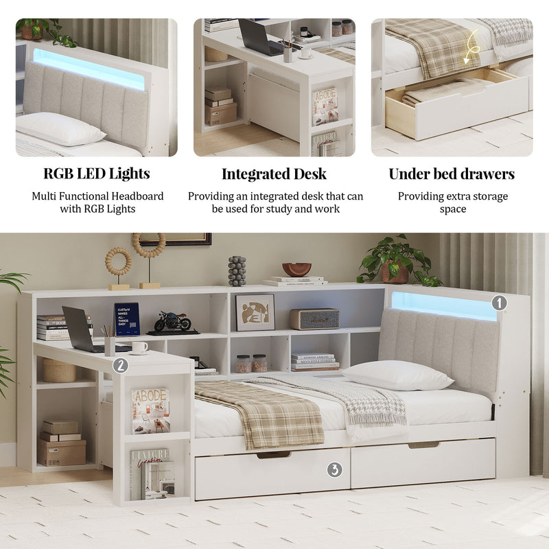 L Shaped Daybed With Desk, Bookcase, Upholstered Headboard, Drawers, And LED Light