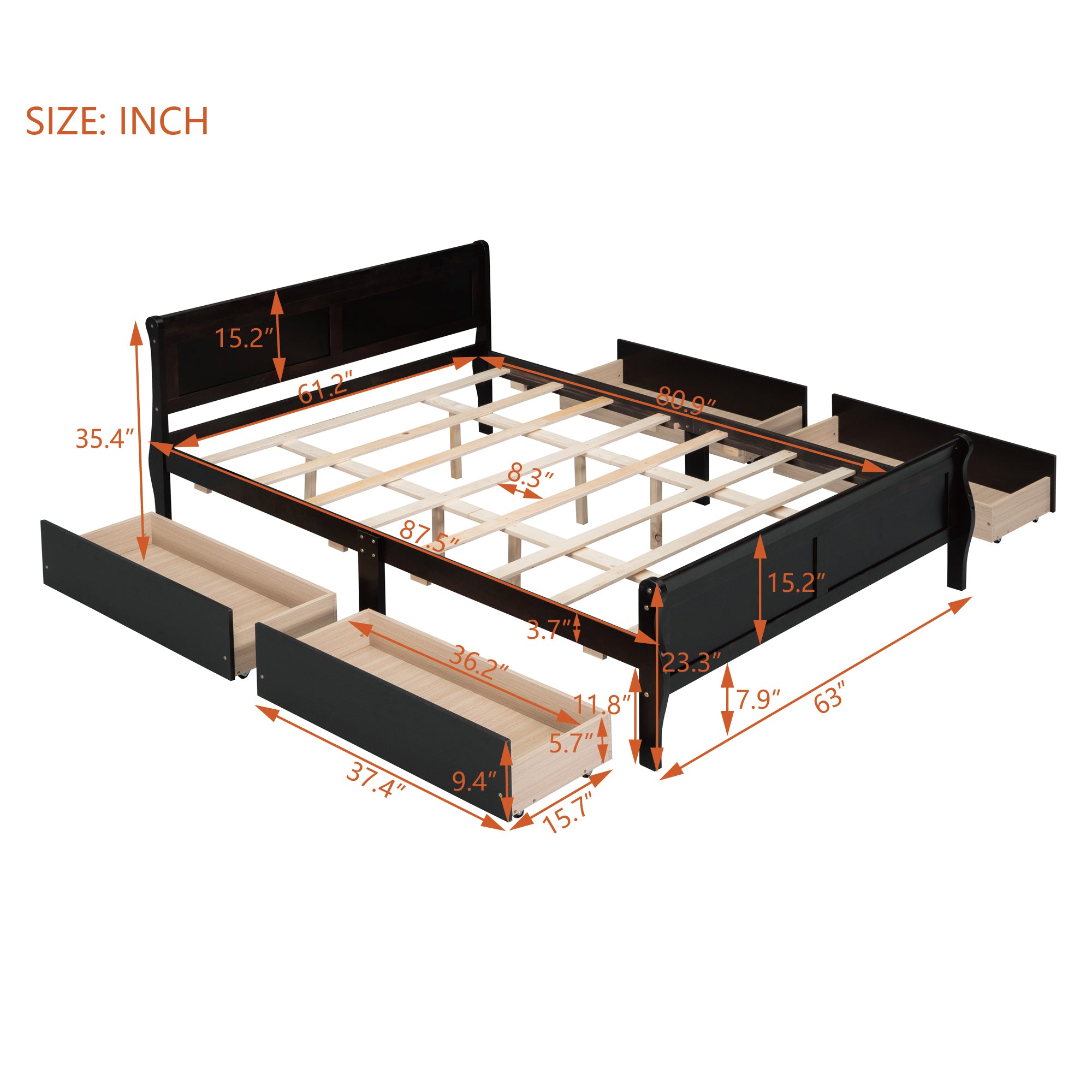Queen Size Wood Platform Bed with 4 Drawers and Streamlined Headboard & Footboard, Espresso - Atlantic Fine Furniture Melbourne FL