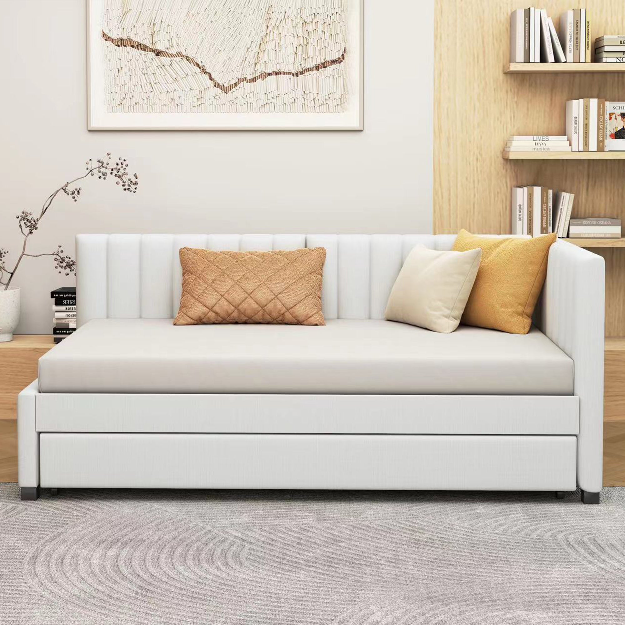 Upholstered Daybed with Trundle Twin Size Sofa Bed Frame No Box Spring Needed, Linen Fabric(Beige) - Atlantic Fine Furniture Melbourne FL