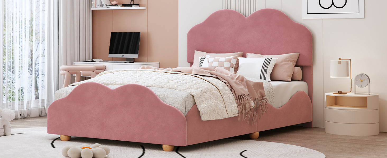 Full Size Upholstered Platform Bed with Cloud Shaped bed board, Dark Pink - Atlantic Fine Furniture Melbourne FL