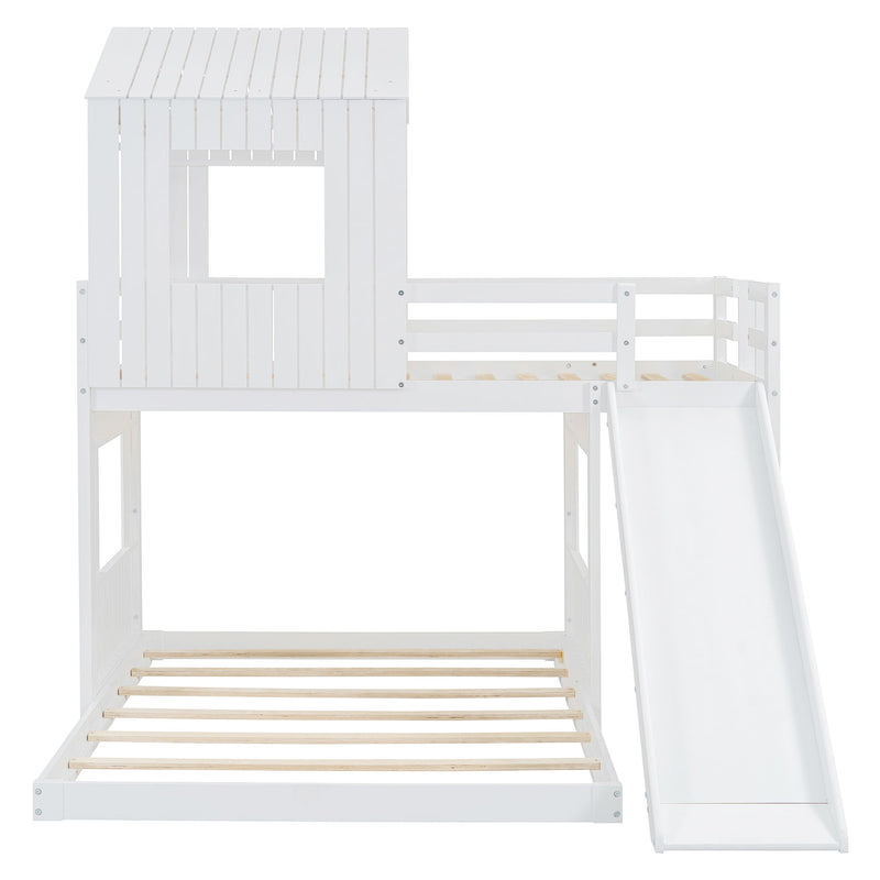 Wooden Twin Over Full Bunk Bed, Loft Bed With Playhouse, Farmhouse, Ladder, Slide And Guardrails - White