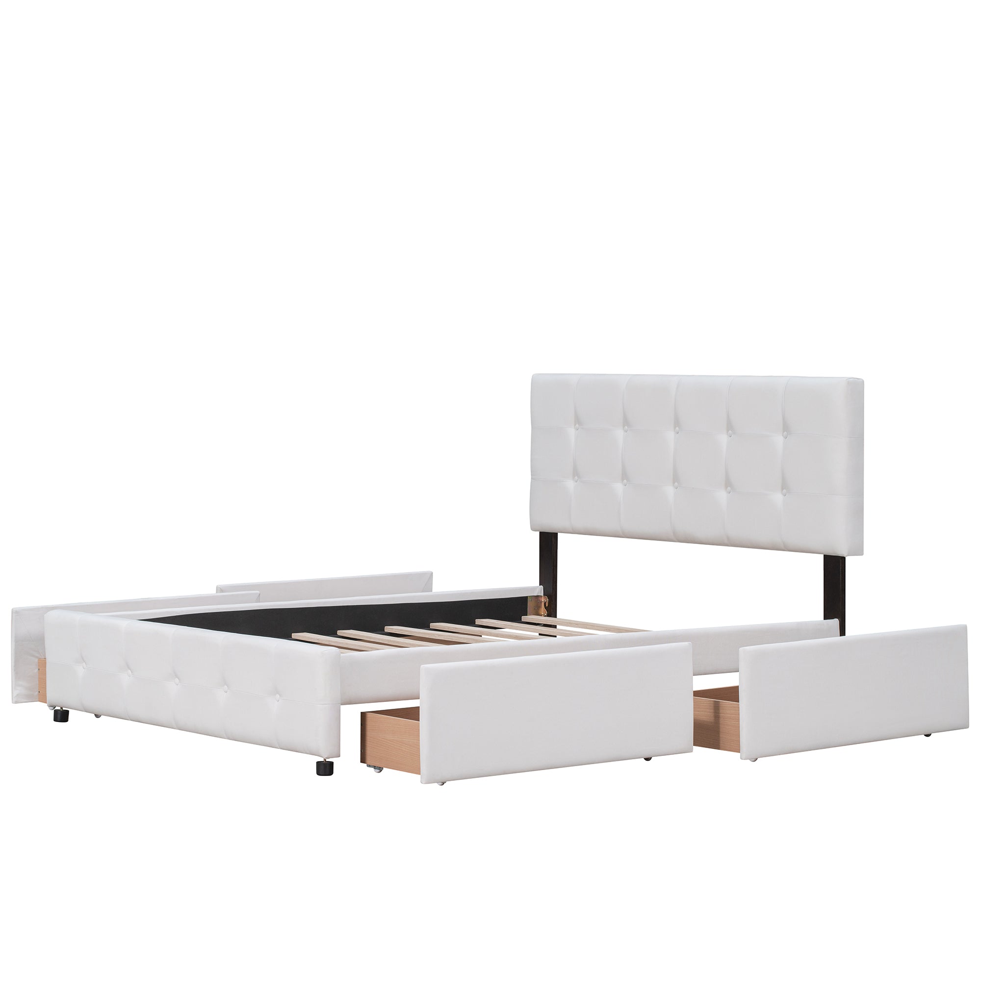Upholstered Platform Bed with Classic Headboard and 4 Drawers, No Box Spring Needed, Linen Fabric, Queen Size White - Atlantic Fine Furniture Melbourne FL