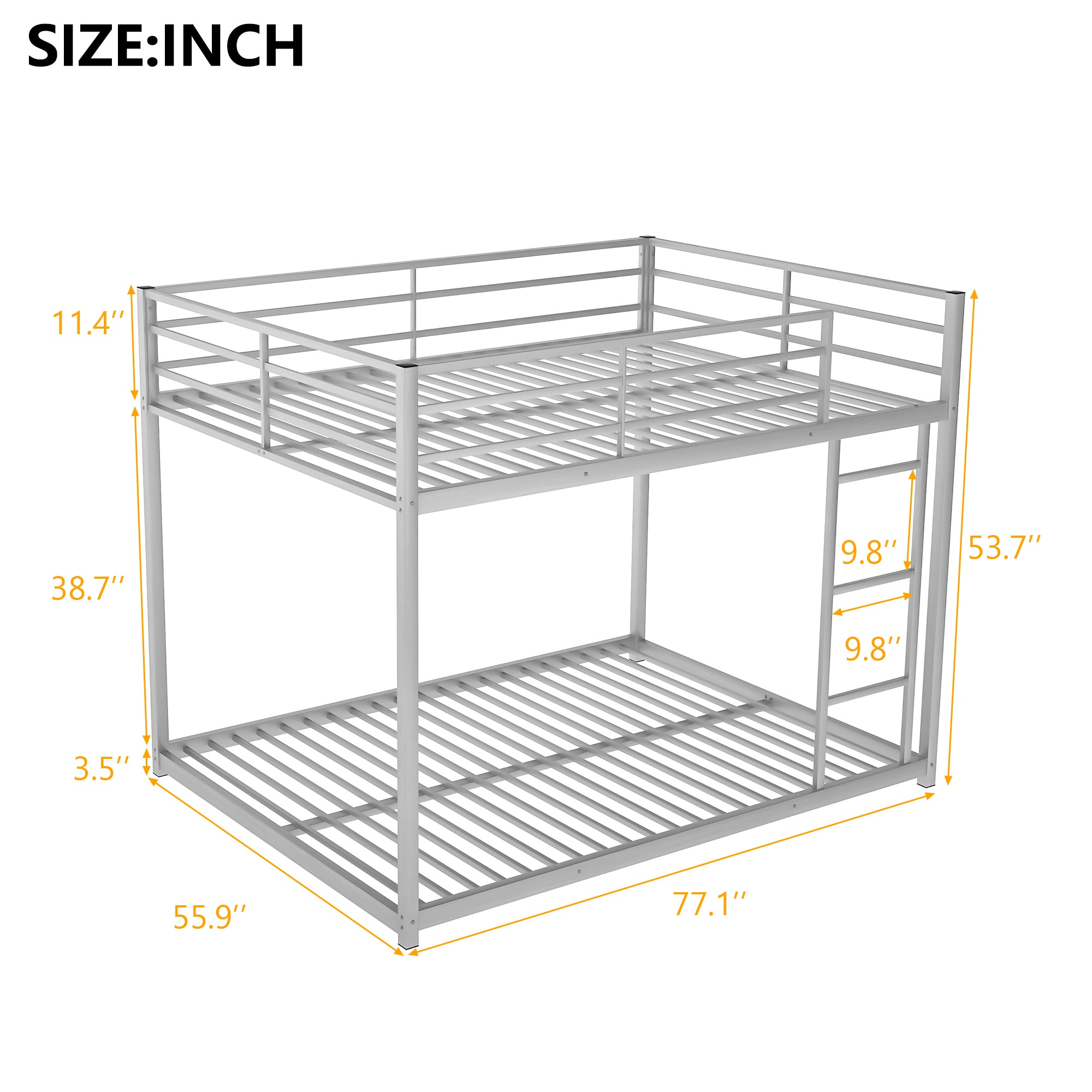 Full over Full Metal Bunk Bed, Low Bunk Bed with Ladder, Silver(Old SKU:MF197034AAN) - Atlantic Fine Furniture Melbourne FL