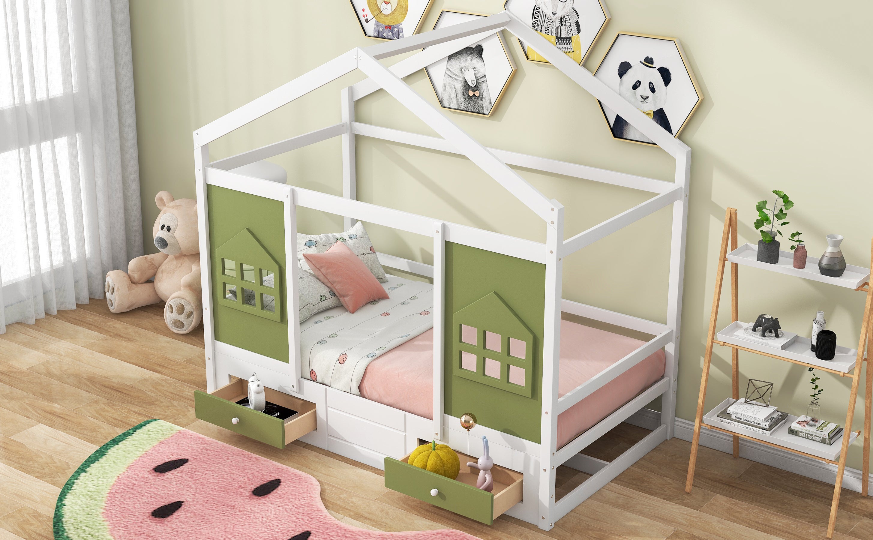 Twin Size Wood House Bed with 2 Drawers and Window Decoration, White+Olive Green - Atlantic Fine Furniture Melbourne FL