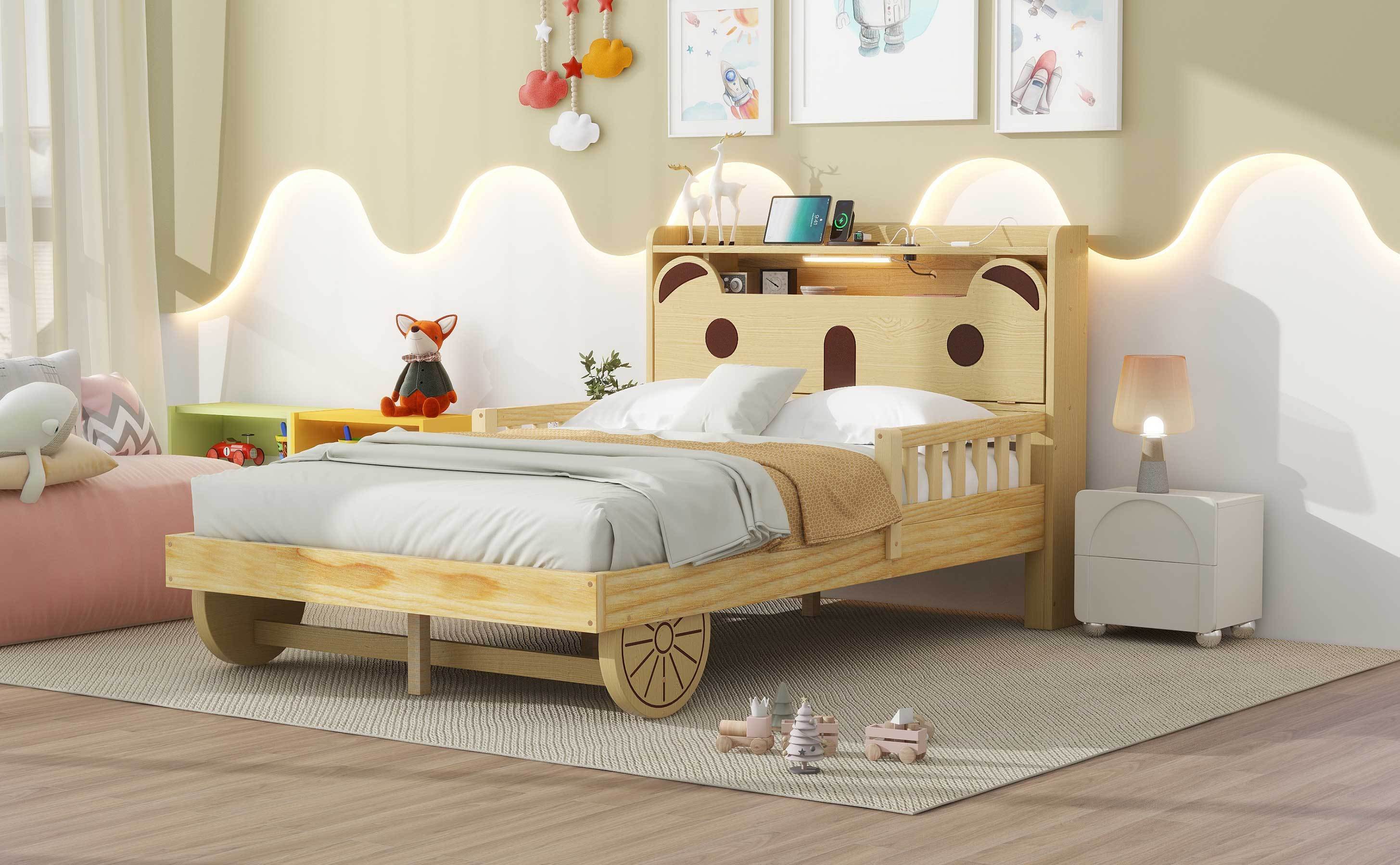 Full Size Car Bed with Bear-Shaped Headboard, USB and LED, Natural - Atlantic Fine Furniture Melbourne FL