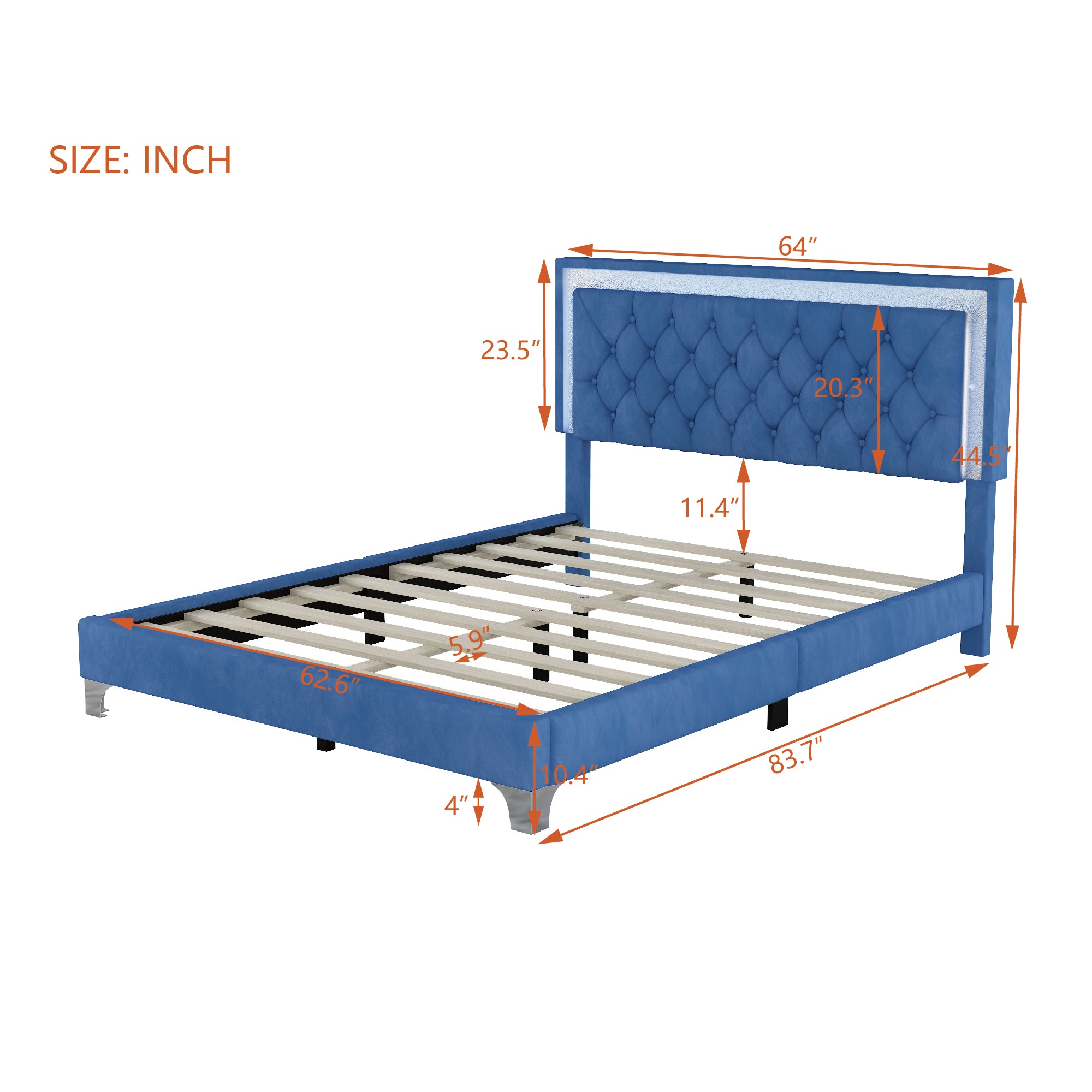 Queen Size Upholstered Bed Frame with LED Lights,Modern Velvet Platform Bed with Tufted Headboard,Blue - Atlantic Fine Furniture Melbourne FL