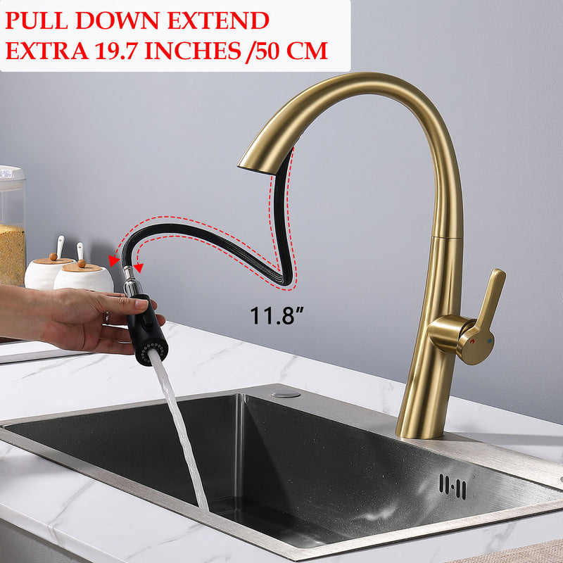 Elegant Single Handle Stainless Steel Pull Out Kitchen Faucet With High Arch Spout - Brushed Gold