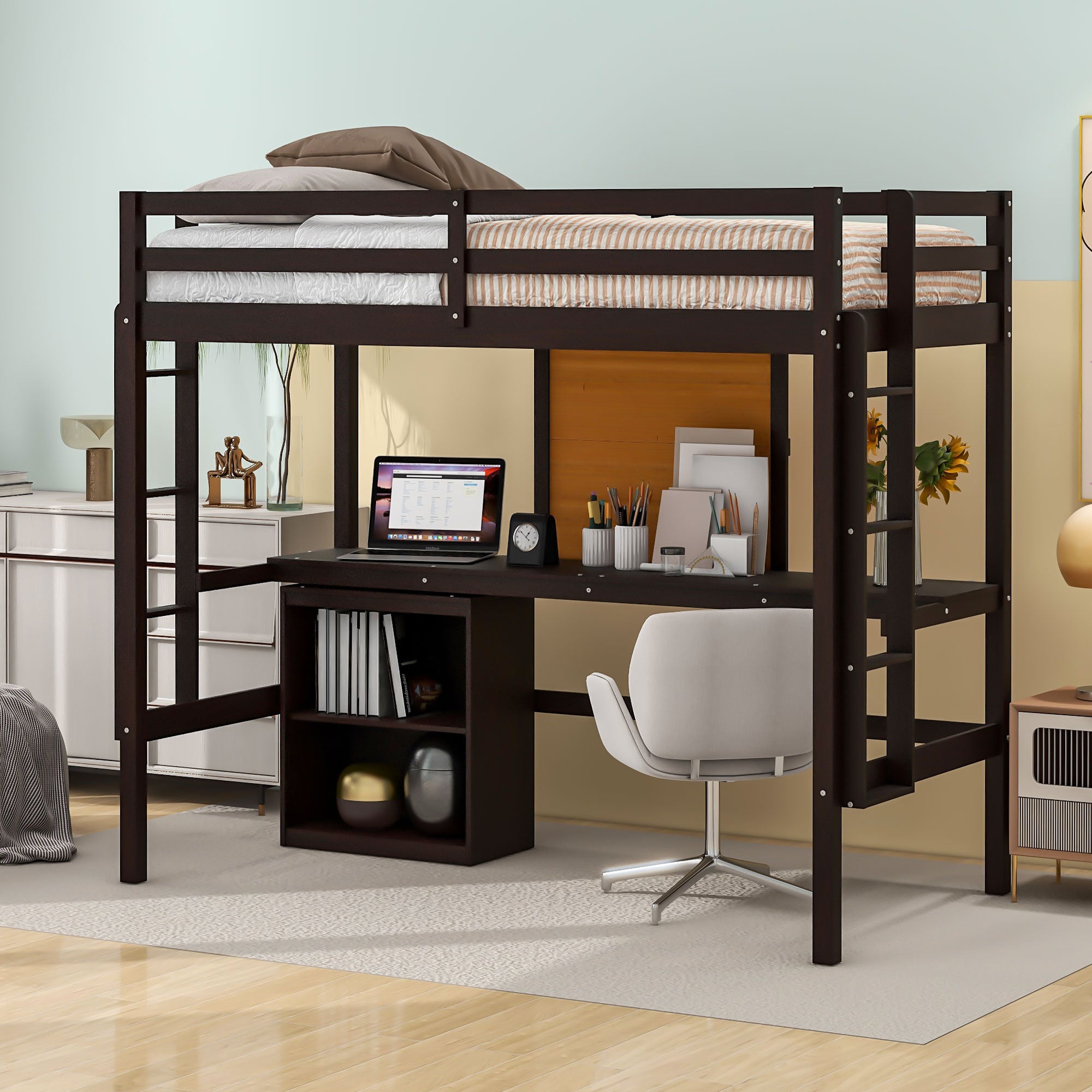 Twin size Loft Bed with Desk and Writing Board, Wooden Loft Bed with Desk & 2 Drawers Cabinet- Espresso - Atlantic Fine Furniture Melbourne FL