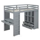 Full Size Loft Bed with large shelves, writing desk and LED Light, Gray