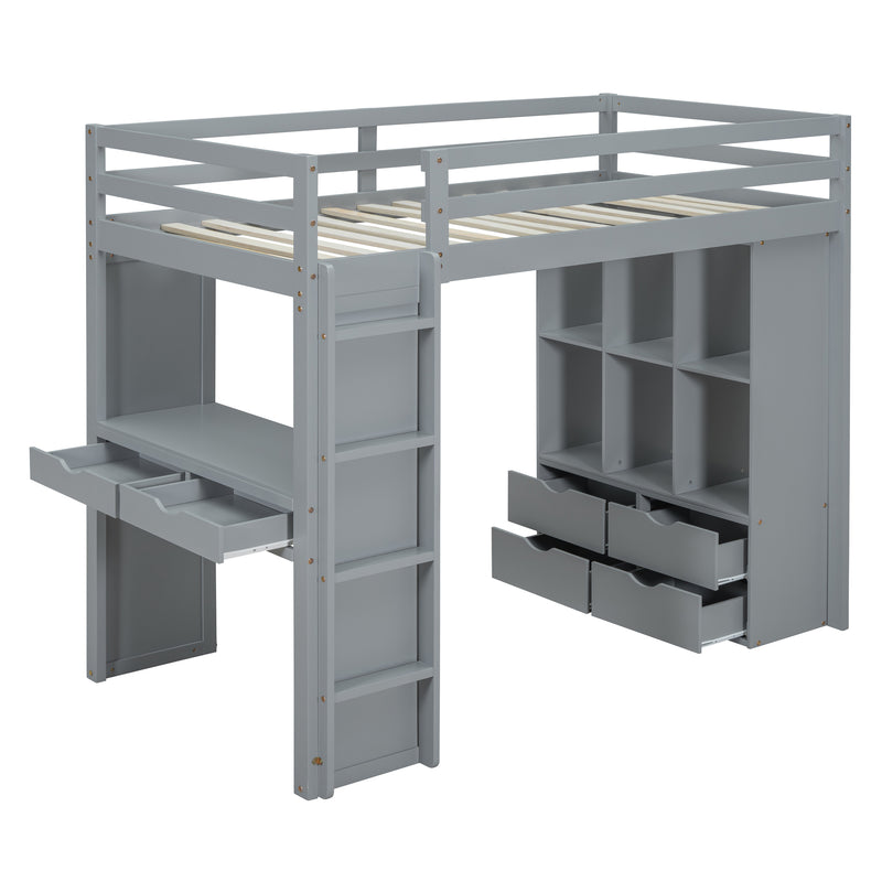 Full Size Loft Bed with large shelves, writing desk and LED Light, Gray