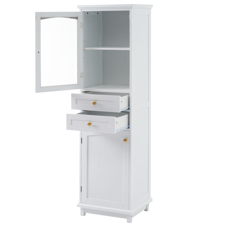 Tall Bathroom Storage Cabinet With Glass Doors, Free-Standing, Two Drawers, And Adjustable Shelves, MDF Board, Painted Perfect For Displaying Your Favorite Items