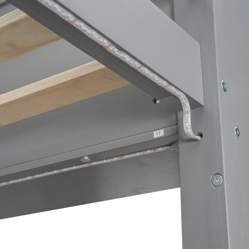 Gaming Loft Bed With Desk, Multi Storage Shelves, LED Lighting, And Hanging Clothes Rack