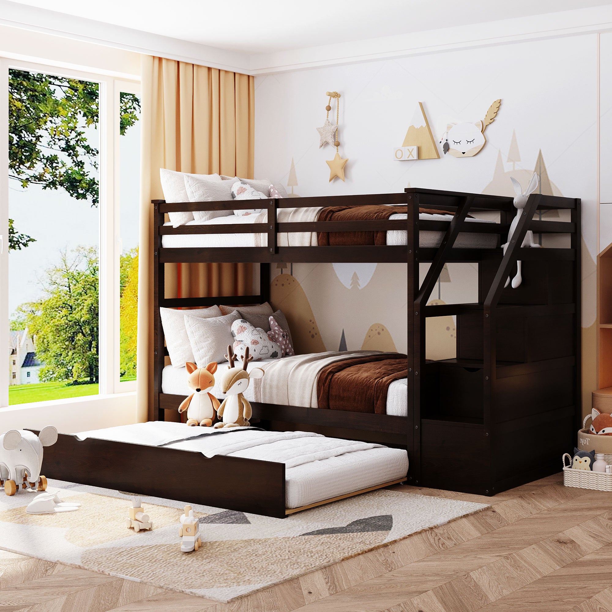 Twin-Over-Twin Bunk Bed with Twin Size Trundle and 3 Storage Stairs,Espresso (OLD SKU :LP000064AAP) - Atlantic Fine Furniture Melbourne FL