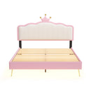 Full size Upholstered Princess Bed With Crown Headboard,Full Size Platform Bed with Headboard and Footboard with Light Strips,Golden Metal Legs, White+Pink