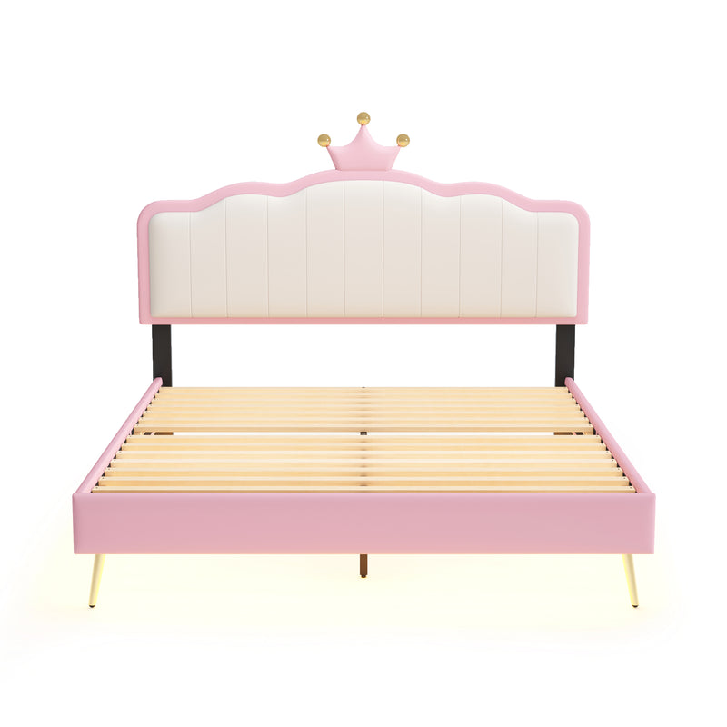 Full size Upholstered Princess Bed With Crown Headboard,Full Size Platform Bed with Headboard and Footboard with Light Strips,Golden Metal Legs, White+Pink