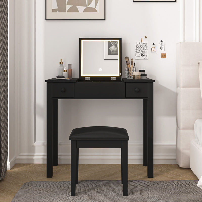 Vanity Table With LED Lights, Flip-Top Mirror And 2 Drawers, Jewelry Storage