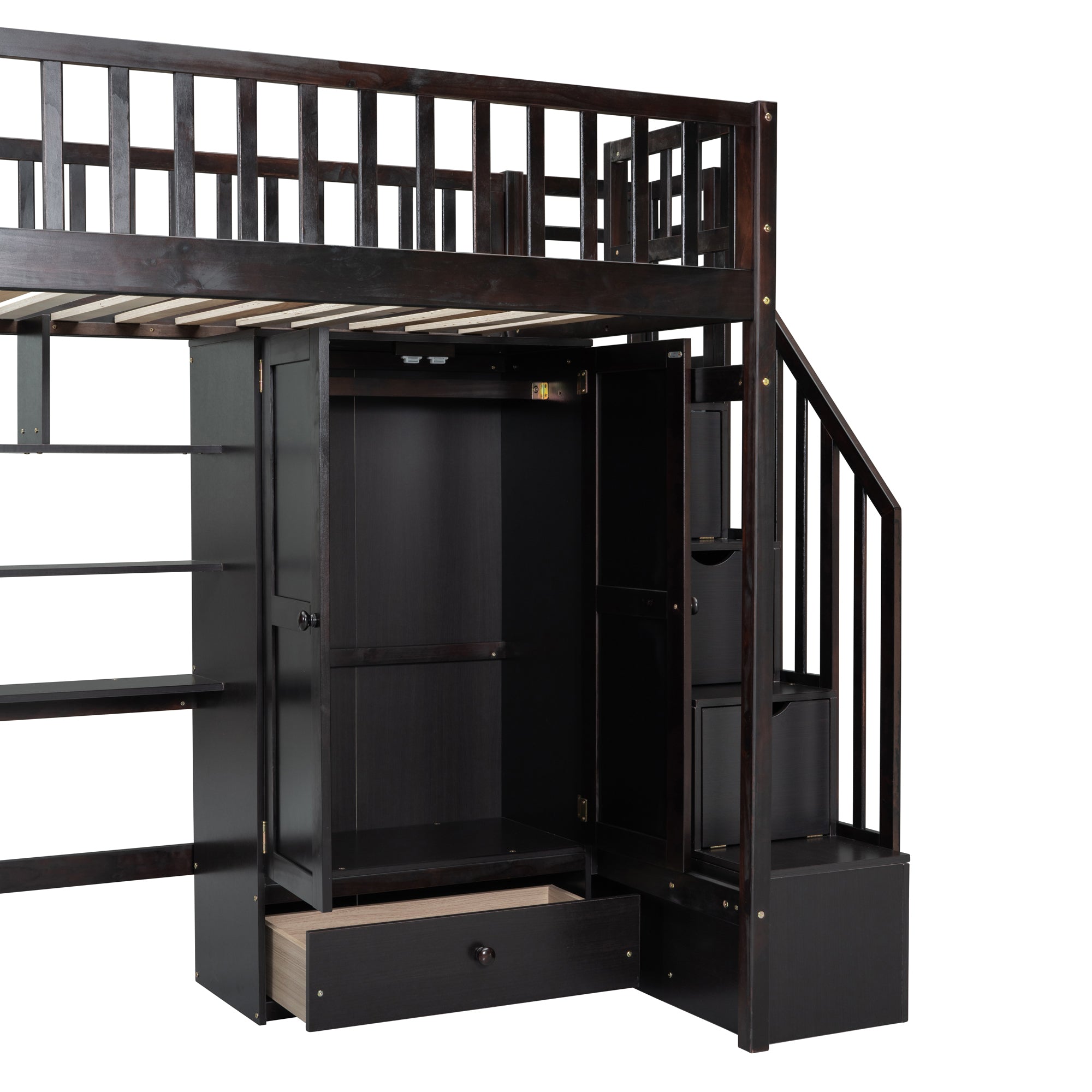 Twin size Loft Bed with Bookshelf,Drawers,Desk,and Wardrobe-Espresso - Atlantic Fine Furniture Melbourne FL