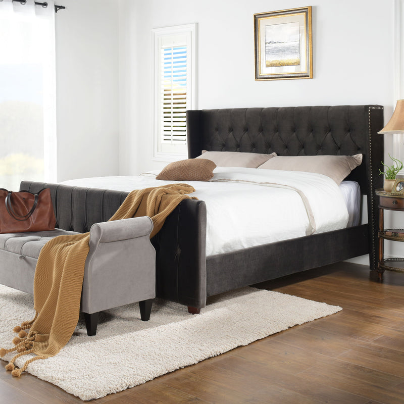 David - King Tufted Wingback Bed - Dark Charcoal Gray