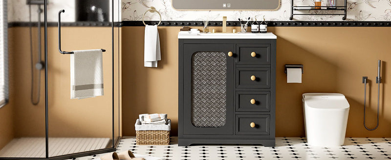 Bathroom Vanity With A Soft Close Glass Door, Adjustable Shelves, And Three Drawers