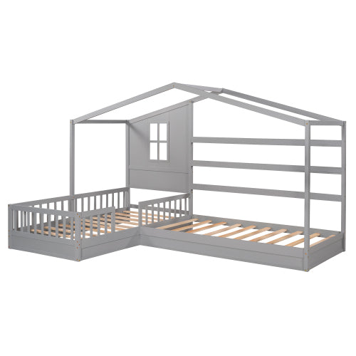 Wood House Bed Twin Size, 2 Twin Solid Bed L structure with fence and slatted frame, Gray - Atlantic Fine Furniture Melbourne FL