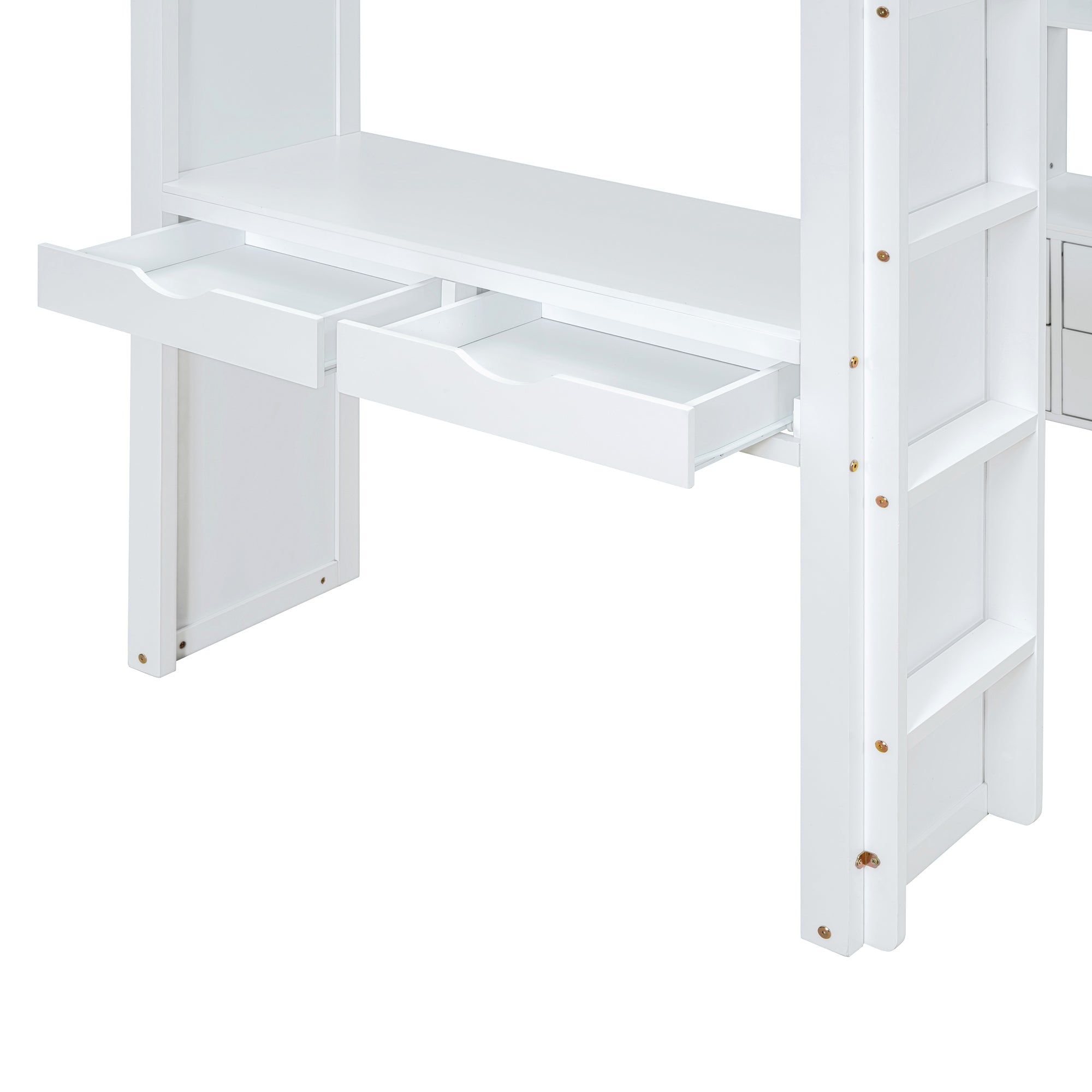 Full Size Loft Bed with large shelves, writing desk and LED Light, White - Atlantic Fine Furniture Melbourne FL