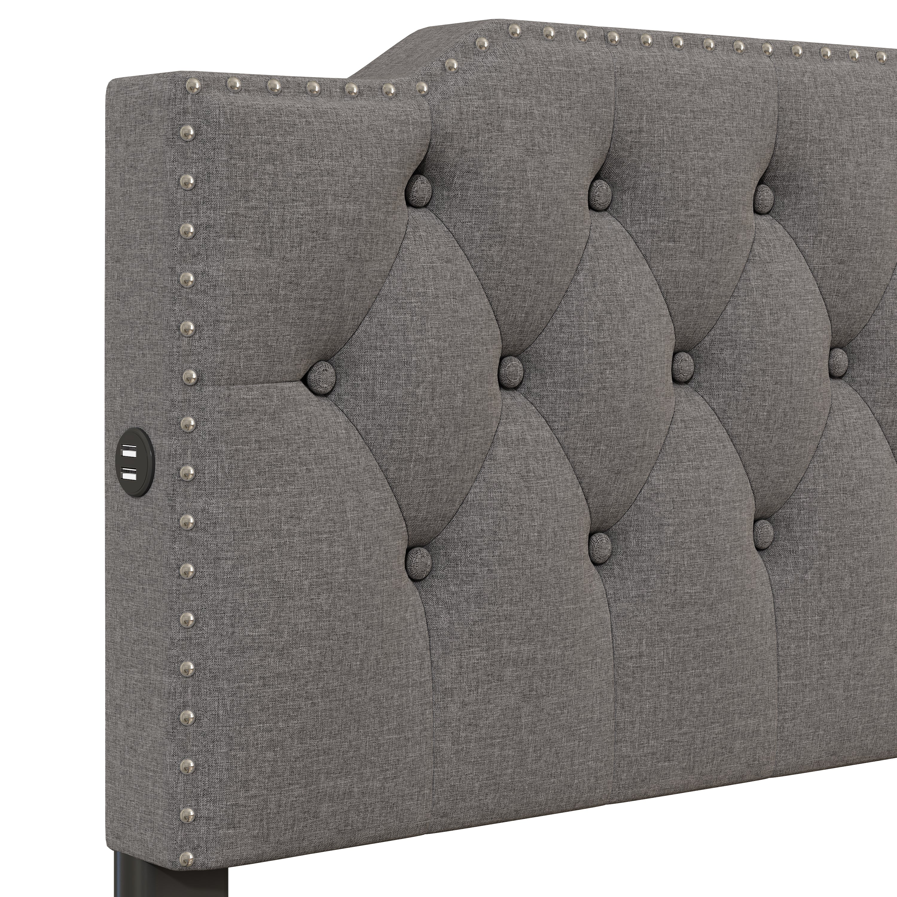 Queen Size Upholstered Platform Bed with 2 Drawers and 2 sets of USB Ports on each side, Linen Fabric, Gray - Atlantic Fine Furniture Melbourne FL