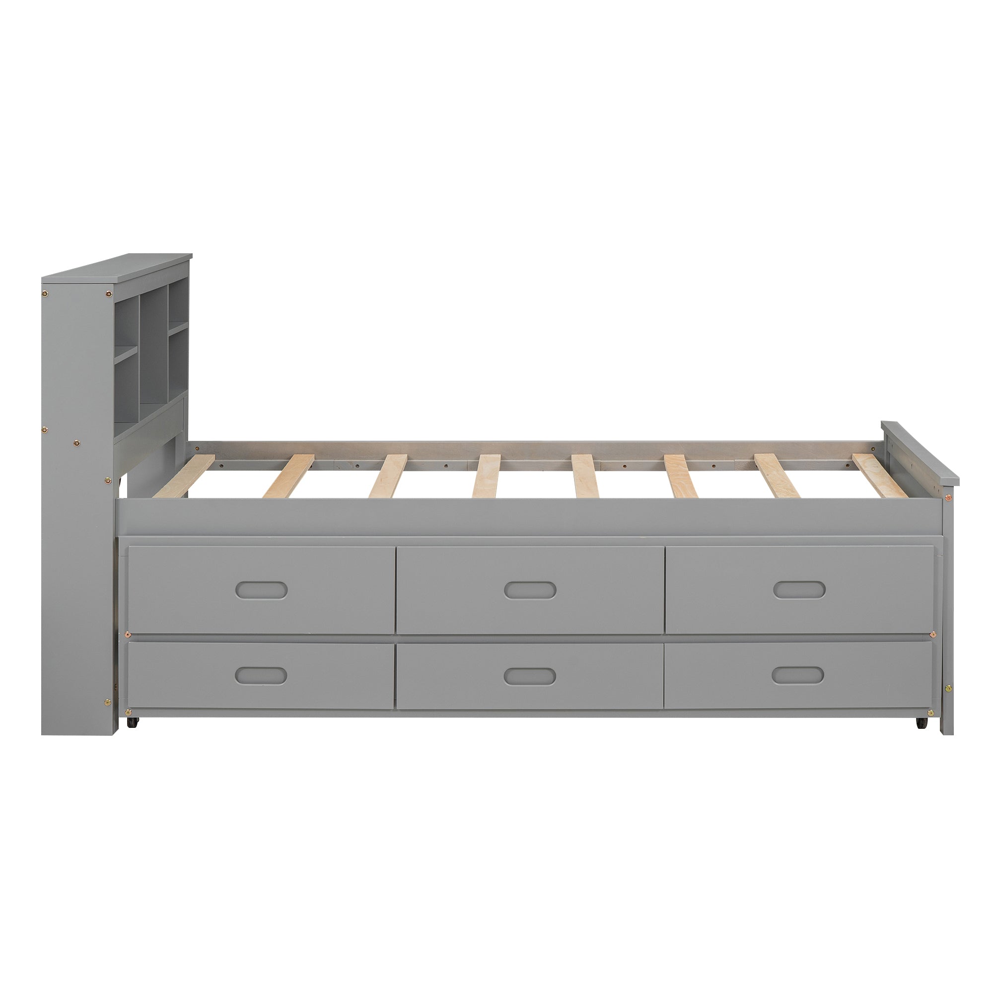 Twin Size Platform Bed with Storage Headboard, USB, Twin Size Trundle and 3 Drawers, Gray - Atlantic Fine Furniture Melbourne FL