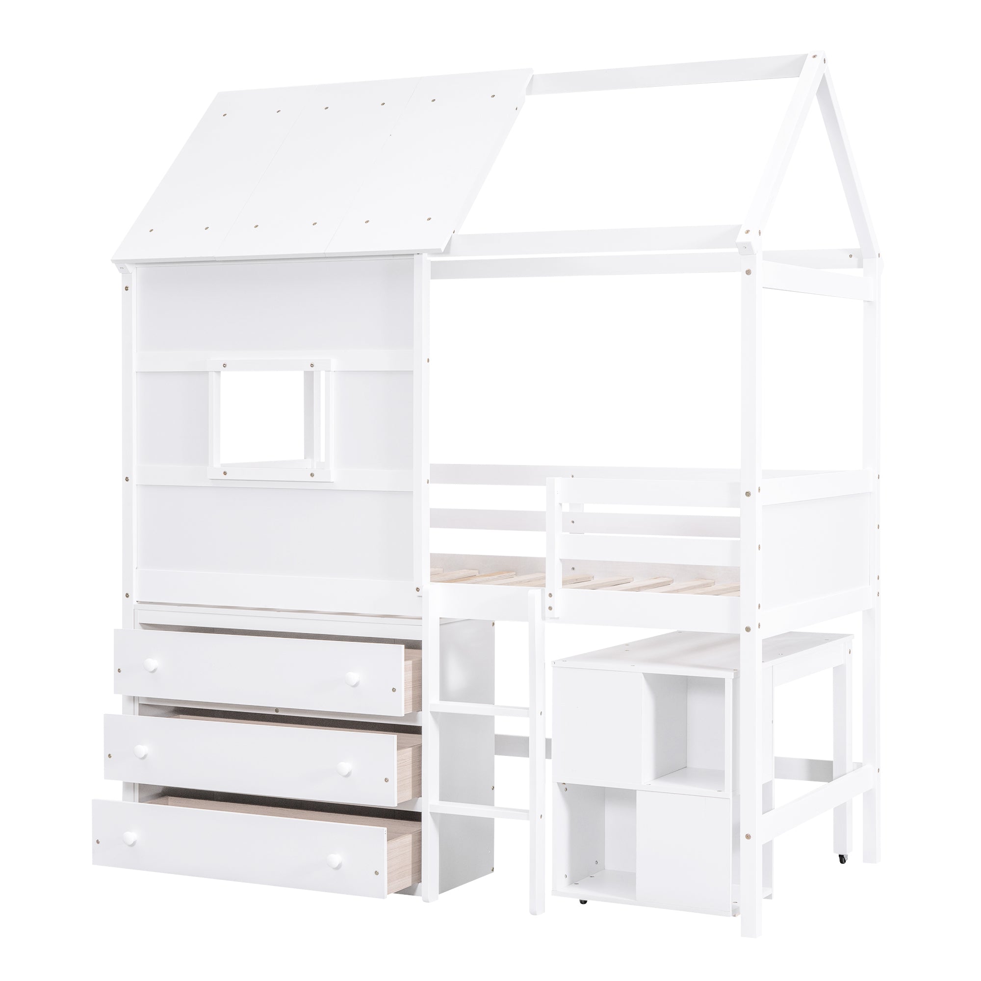 Twin Size House Loft Bed with Storage Desk and 3 Drawer Chest, White - Atlantic Fine Furniture Melbourne FL