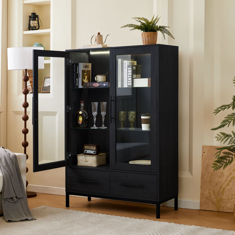 Modern Style Tall Display Cabinet With LED Lighting, Tempered Glass Door, 2 Drawers