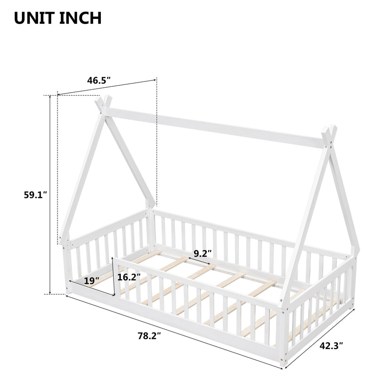 Tent-Shaped Floor Bed, Teepee Bed With Guardrails, Slats