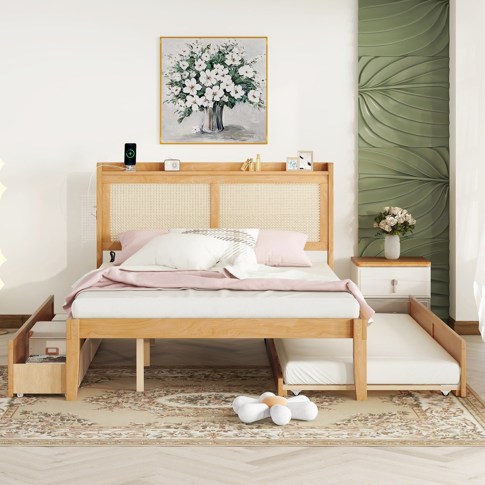 Queen Size Elegant Bed Frame with Rattan Headboard and Sockets ,Walnut - Atlantic Fine Furniture Melbourne FL
