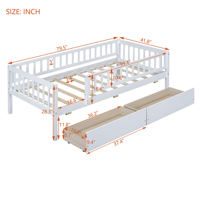 Twin Size Daybed Wood Bed with Two Drawers , White