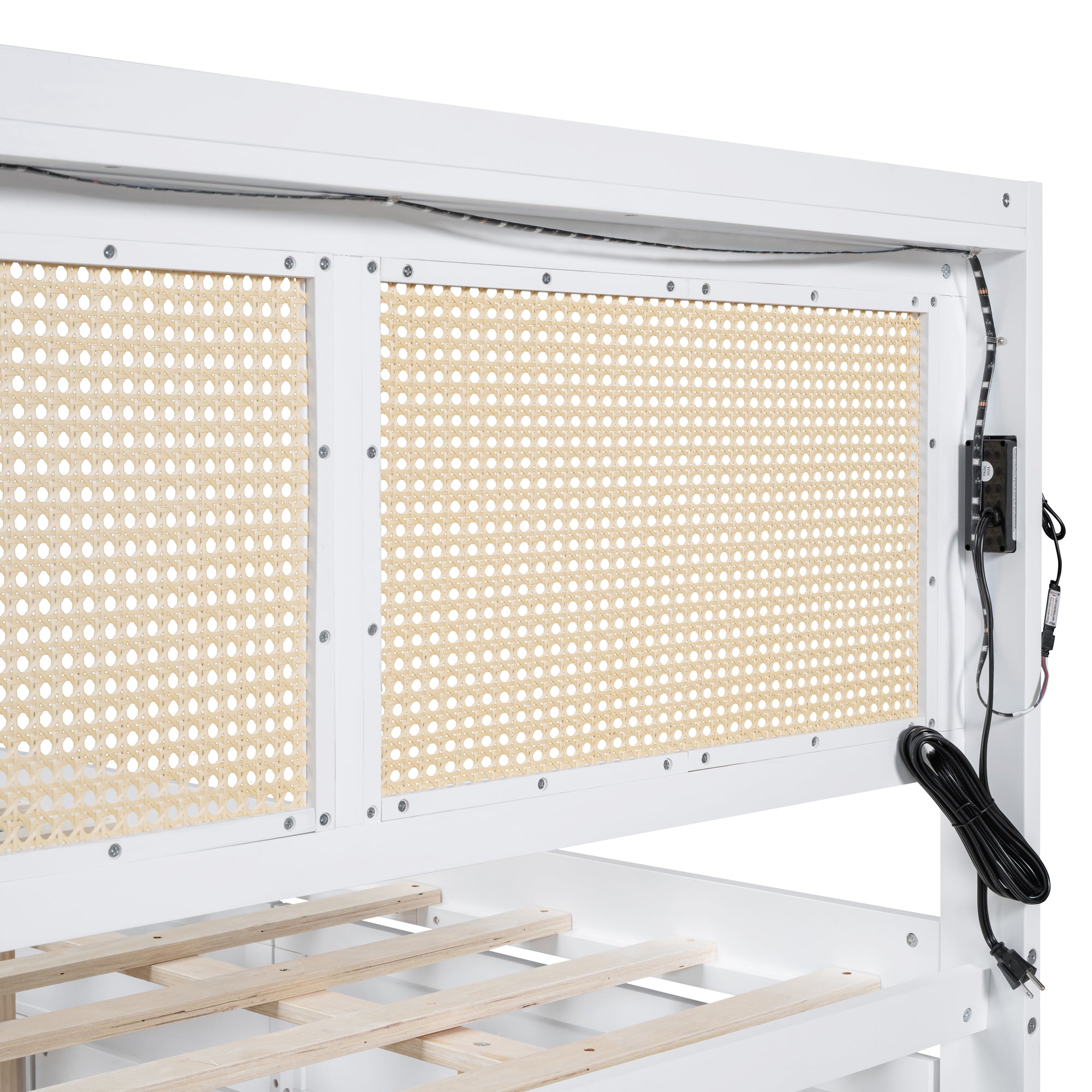 Full Size Elegant Bed Frame with Rattan Headboard and Sockets ,White - Atlantic Fine Furniture Melbourne FL
