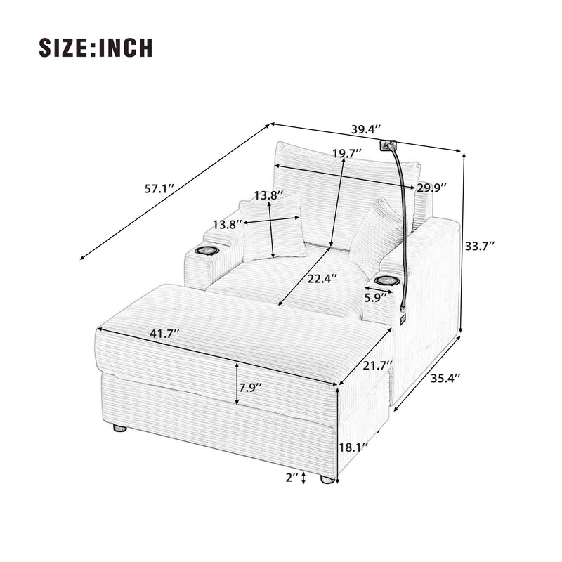 Modern Style Loveseat Sofa Sectional Sofa Couch With Storage Space, A Movable Ottoman, Two USB Ports, Two Cup Holders, A Phone Holder For Living Room