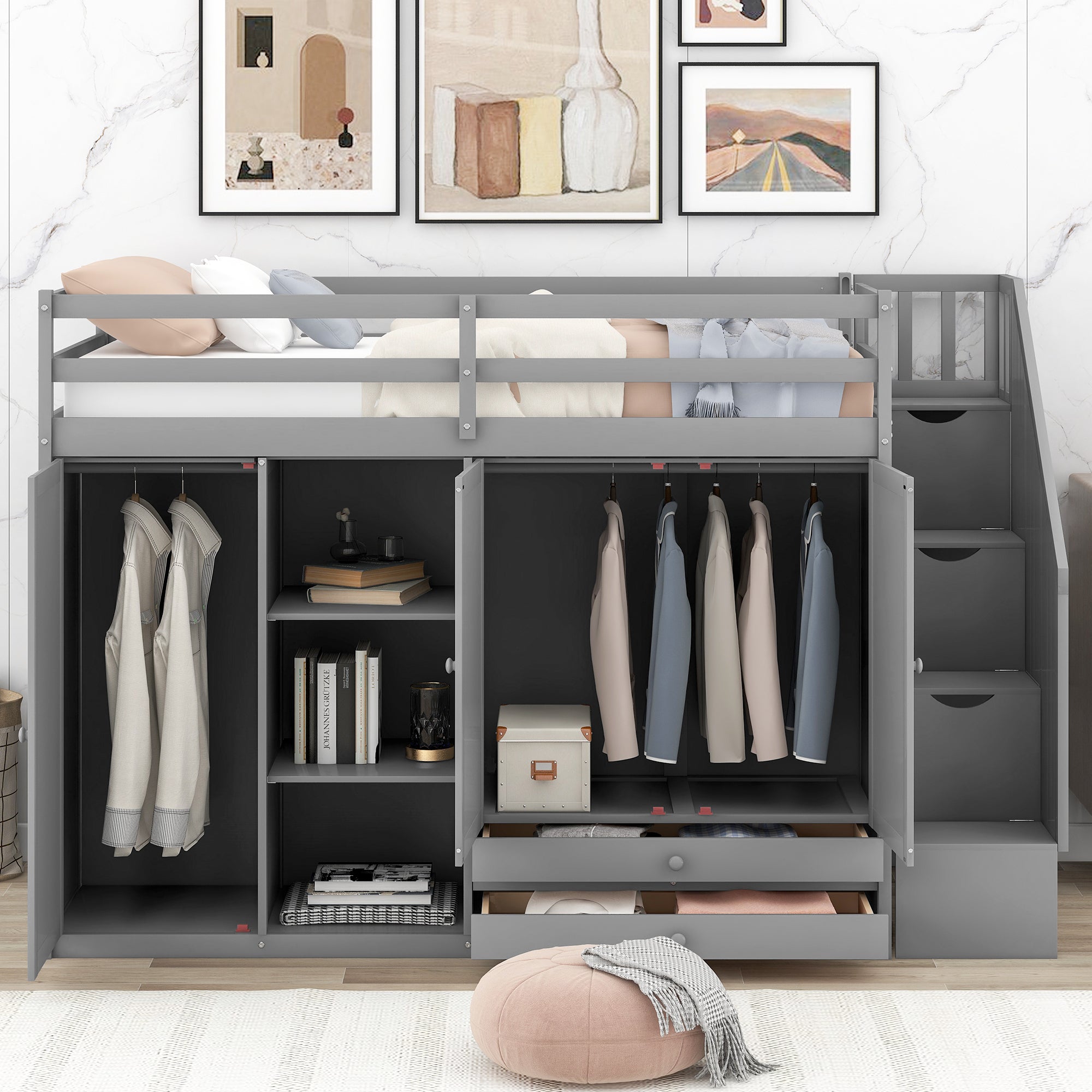 Functional Loft Bed with 3 Shelves, 2 Wardrobes and 2 Drawers,  Ladder with Storage, No Box Spring Needed, Gray - Atlantic Fine Furniture Melbourne FL