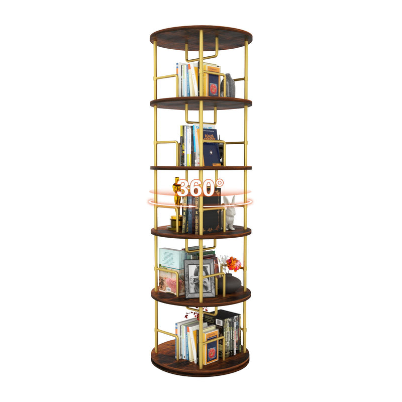 5 Tier 360 Rotating Bookshelf, Display Round Floor Standing Swivel Bookcase For Bedroom - Golden