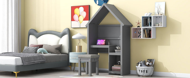 House-Shaped Kids Desk With A Cushion Stool, House-Style Desk And Stool Set