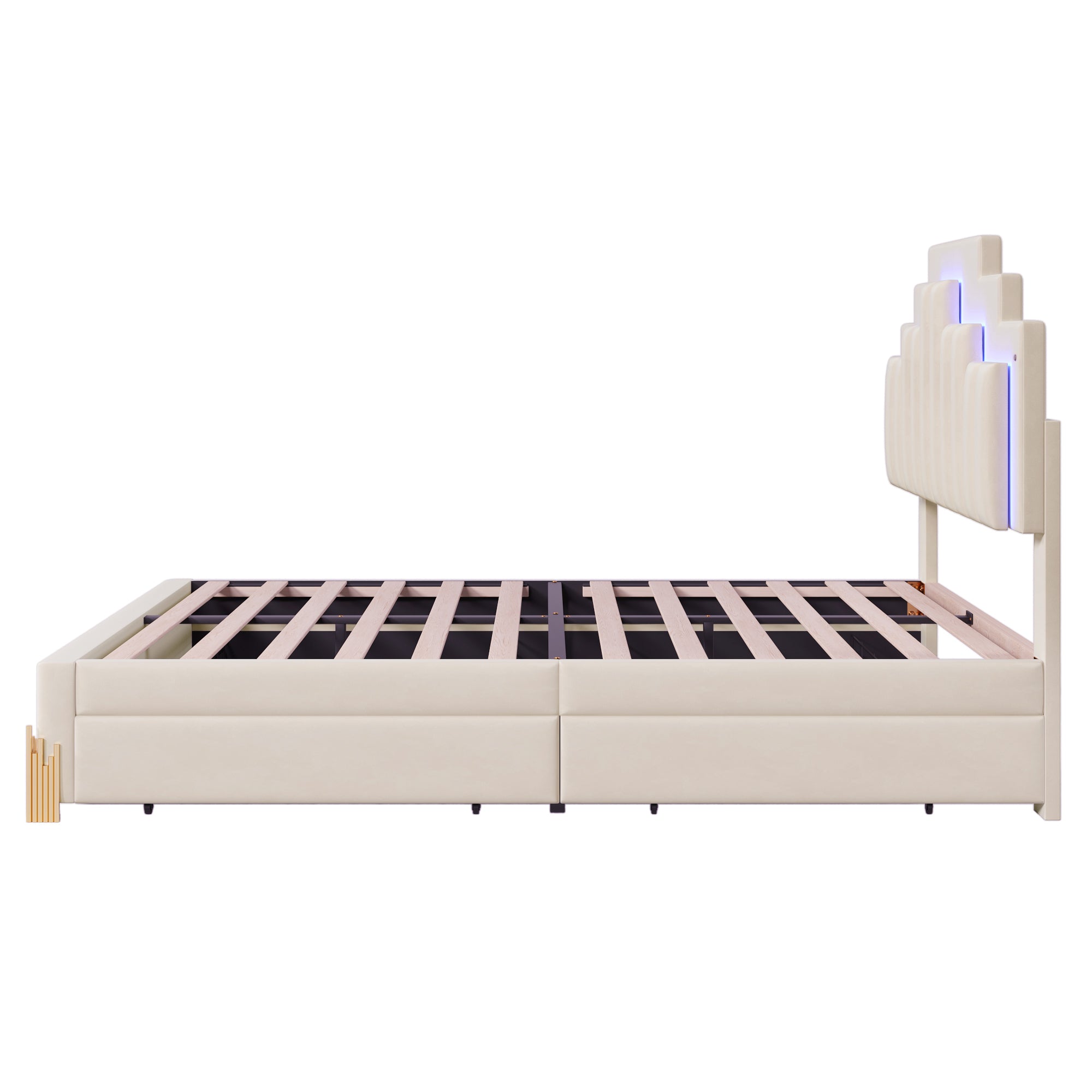 Full Size Upholstered Platform Bed with LED Lights and 4 Drawers, Stylish Irregular Metal Bed Legs Design, Beige - Atlantic Fine Furniture Melbourne FL